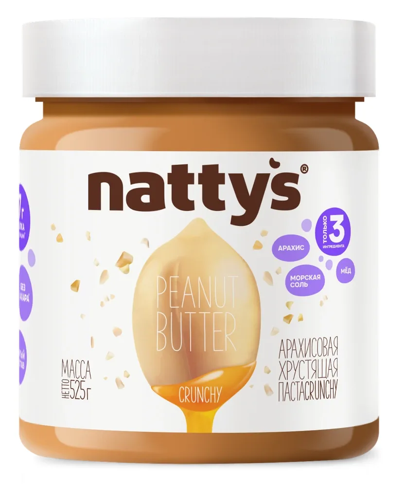 Паста Nattys Crunchy арахисовая с кусочками арахиса и медом 525 г
