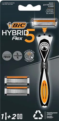 Бритвенный станок BIC Flex 5 Hybrid с пятью лезвиями мужской плавающая головка 2 сменные кассеты